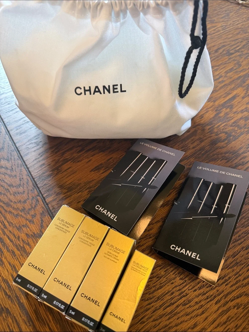 CHANEL Serum, Cream and Mascara Set with White Drawstring Pouch